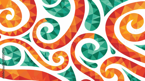 Vibrant orange and green paisley motifs spiraling on white background with geometric patterns