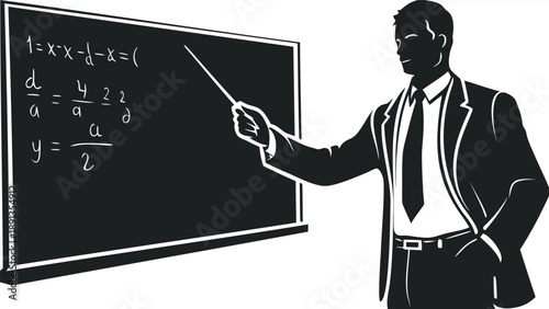 Silhouette businessman actively explaining math on blackboard with pointer in hand