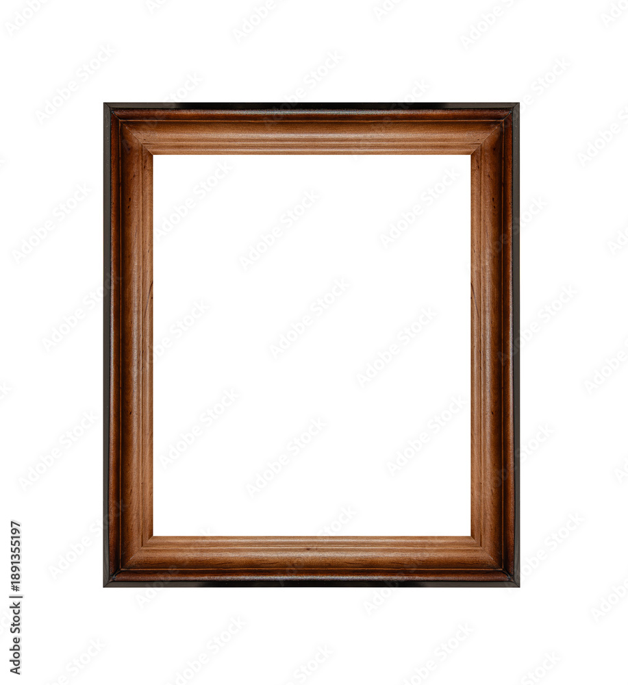 Obraz premium A classic rectangular wooden picture frame with a dark brown finish and visible grain texture isolated on a white background.