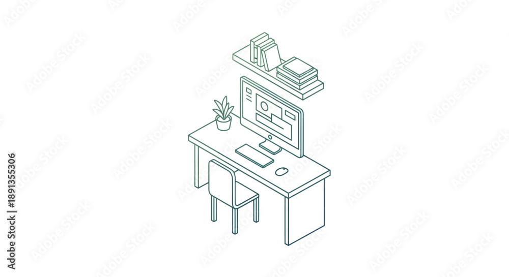 Naklejka premium Isometric Line Art Office Workspace with Computer Desk and Chair on Isolated White Background