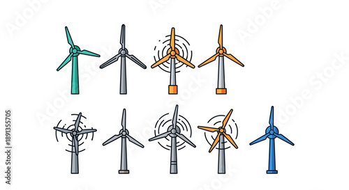 Collection of Outline Filled Wind Turbine Icons Representing Renewable Energy on Isolated White Background