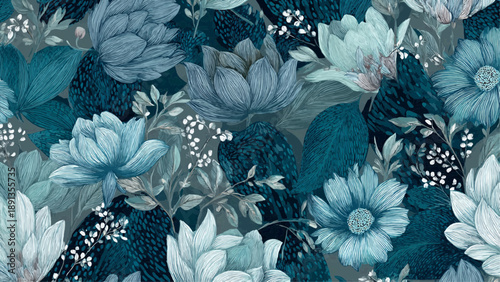 Vibrant floral pattern showcases various blue flowers and leaves on a textured dark background.