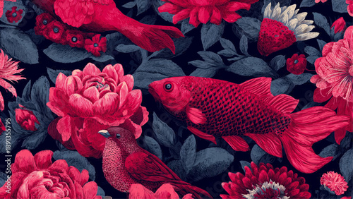Vibrant red fish swim among lush flowers and green leaves in a serene aquatic scene.
