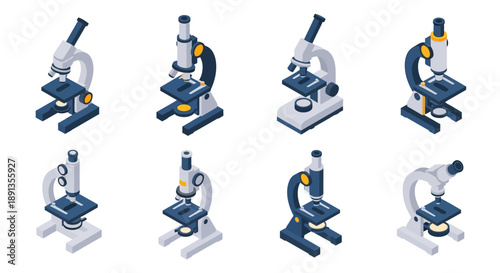 Isometric Microscopes Set with Different Styles, Laboratory Equipment for Scientific Research on an Isolated White Background