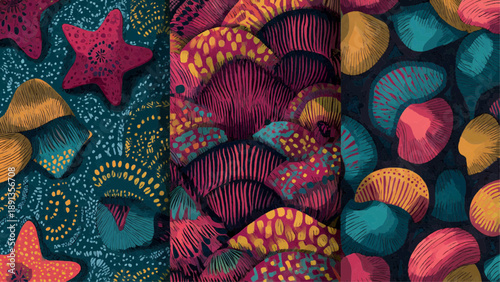 Vibrant collage of seashells, starfish, and coral patterns on display