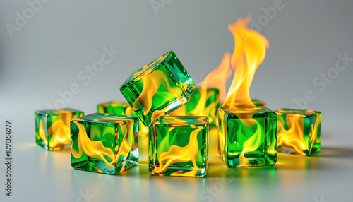 A collection of luminous green, crystal like shapes that resemble molten plastic or resin, arranged to mimic burning blocks, with an actual yellow flame at their center.
