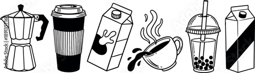 Minimalist black and white line art vector featuring moka pot, takeaway coffee cup, milk carton, spilling coffee cup, bubble tea cup, and striped carton arrangement