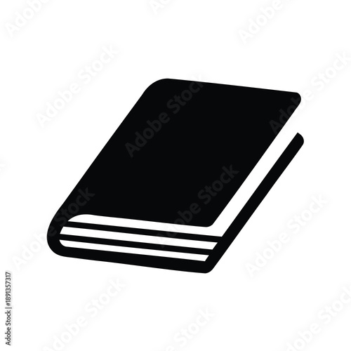 A graphic black and white illustration of a simple closed book design
