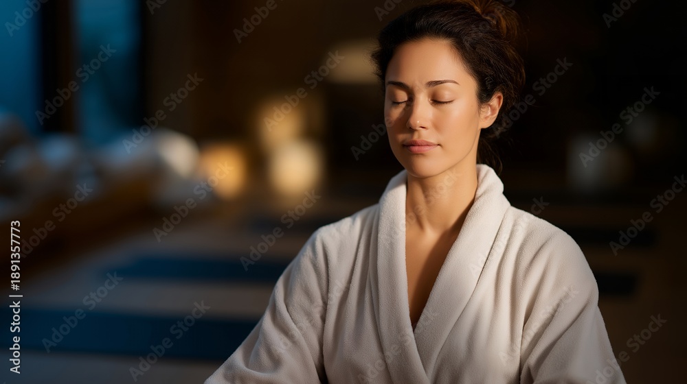 Fototapeta premium A serene yoga studio is enhanced by a participant wearing a comfortable robe during a meditation session, illustrating the perfect balance of tranquility and mindfulness in personal wellness
