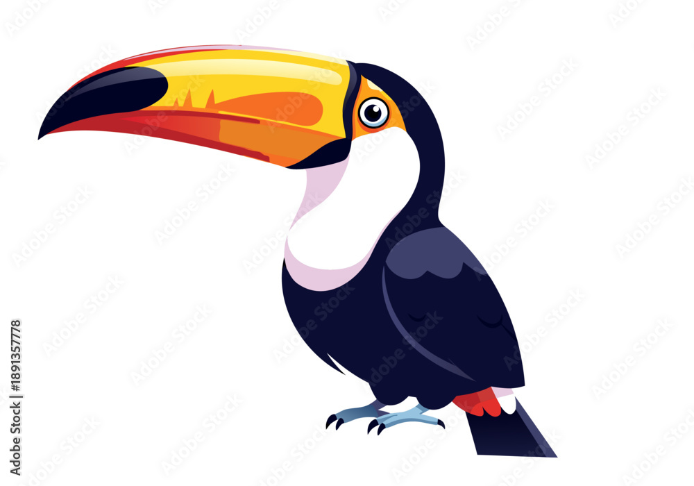 Fototapeta premium Tropical toucan bird vector illustration, a colorful jungle creature in profile, isolated on white background, perfect for design