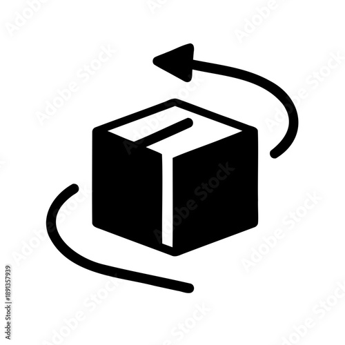 Black and white icon depicting box rotating or being returned for refund