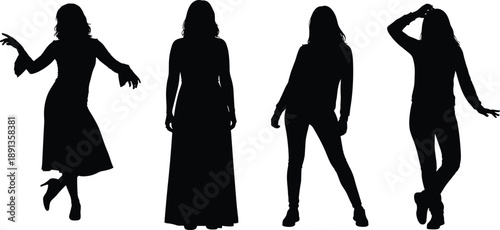 Female silhouettes dancing, standing poses, isolated women figures, fashion movement concept, black shape collection on white background studio creative design