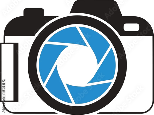 Photography emblem: a graphic icon showcasing a camera design with an aperture in the center, symbolizing image capturing and visual creativity. 