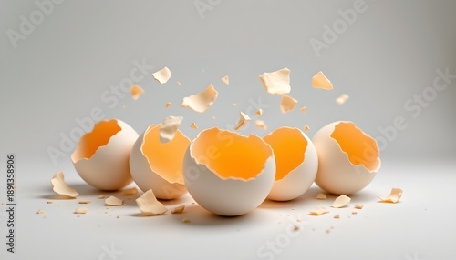 A group of unbroken eggs scattered across a surface with cracked eggshells in close proximity.