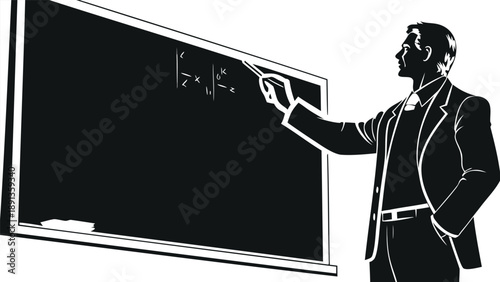 Professional man in suit writing on blackboard with chalk teaching or explaining concept