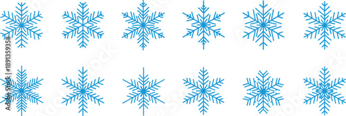 Diverse collection of blue snowflake vector icons on a clean white background.