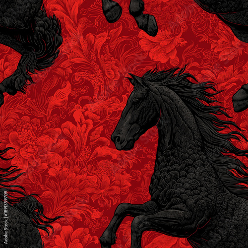 Seamless black horse on red ornate floral background, traditional Asian zodiac equine wallpaper pattern