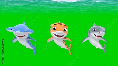 Three adorable cartoon sharks perform a synchronized dance underwater