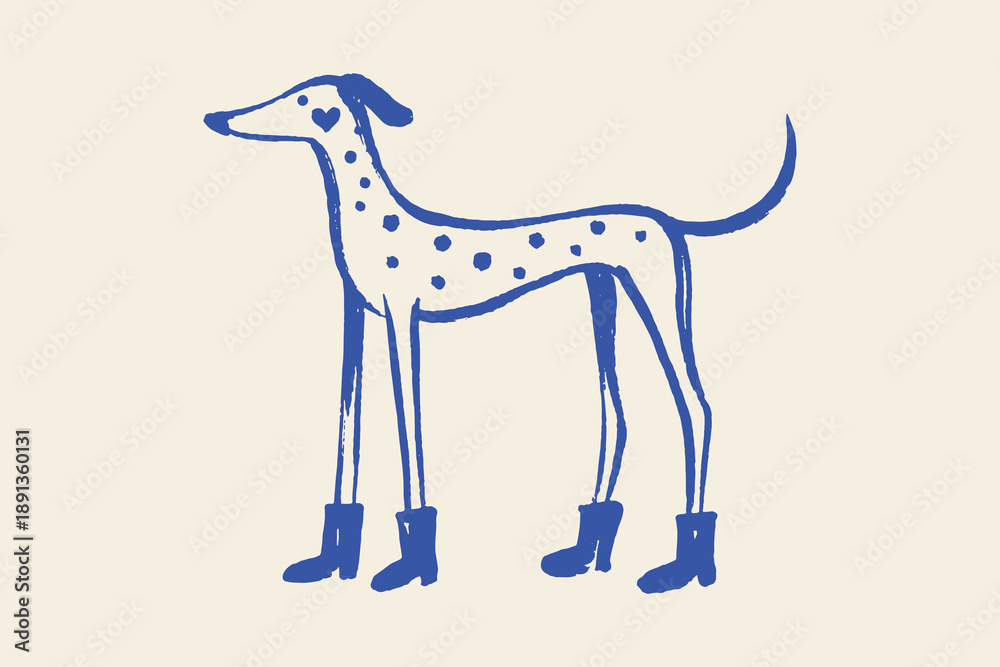 Fototapeta premium Dog in boots naive doodle vector illustration