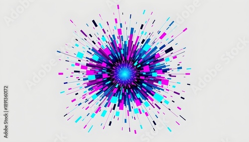 An abstract, colorful explosion effect with a central point emanating outward in a radial pattern, set against a plain background.