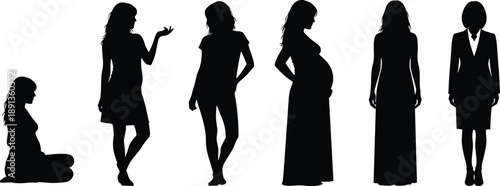 Pregnant woman silhouettes collection showing maternity stages, female poses set, motherhood concept isolated on white background illustration, minimal studio design