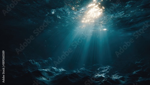 Sunlight piercing the dark depths of the ocean