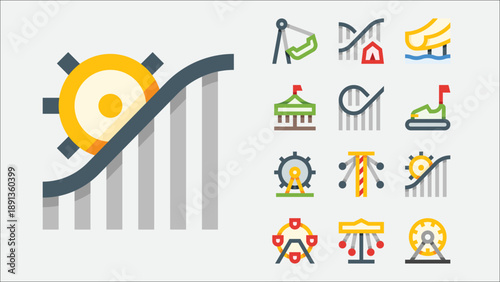 Theme park and amusement rides icons set