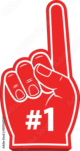 Vibrant red foam finger with number one symbol on clean white background.