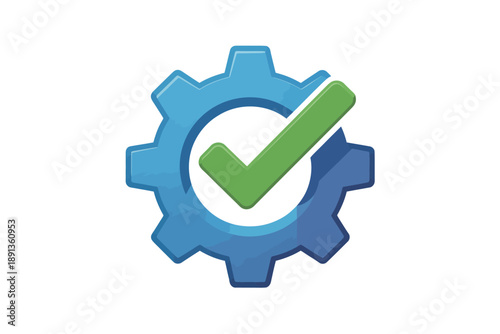 A blue gear icon with a green checkmark in the center on a white background
