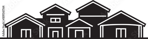 Row of black and white houses with different roof styles and windows buildings