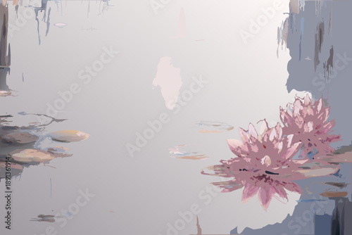 Pink water lilies bloom near a blurred figure in a tranquil pond