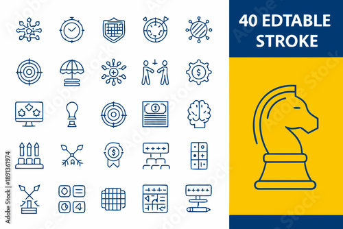 Collection of forty editable stroke line icons featuring games and strategy