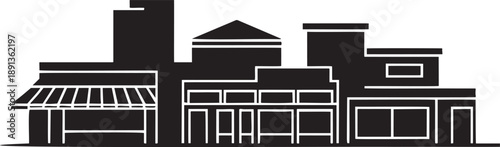 Black and white line of a large industrial building with a factory chimney and adjacent structures