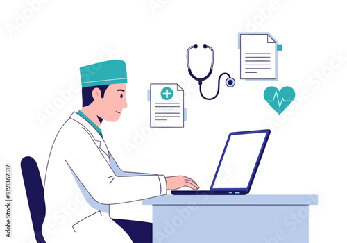 doctor working on laptop flat illustration