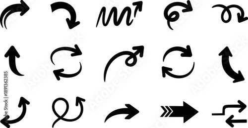 Collection of diverse hand-drawn style black arrow icons and pointers on white