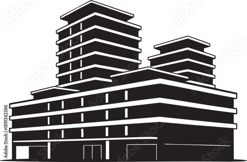 Black and white line of a multi-story modern building with staggered rooftops and windows architecture