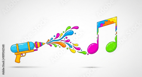 Colorful Water Gun Shooting Paint and Music Notes on White Background