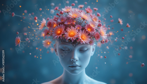 Serene woman with glowing pink flowers in her hair