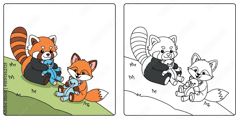 Fototapeta premium Cute cartoon red panda and little fox holding blue teddy bears, happy animal friends playing with toys on green grass, vector illustration for kids.