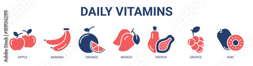 Daily Vitamins web banner icon vector illustration concept with icon of apple, banana, orange, mango, papaya, grapes, and kiwi.