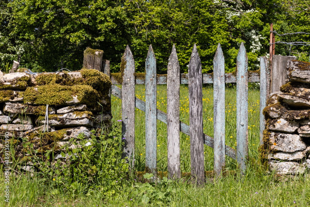 Naklejka premium mur en pierres et porte ancienne en bois, enclos à la campagne