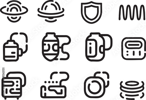 Black and white of various technology and security symbols including fingerprint, Wi Fi, shield, and different types of authentication methods