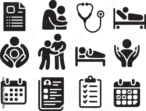 Collection of black medical and healthcare representing patient care and scheduling white