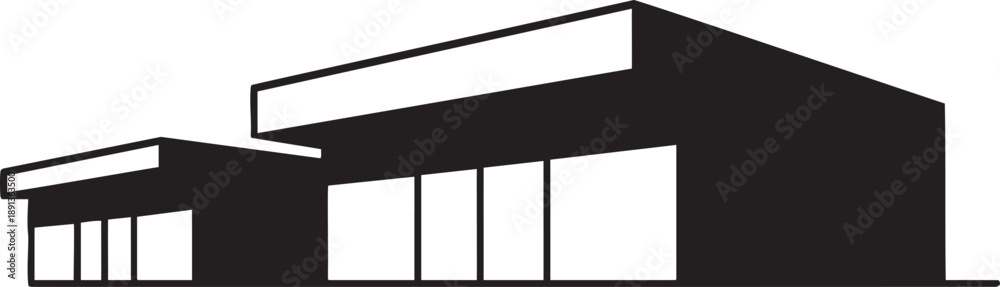 Obraz premium Large black and white industrial building with multiple garage doors and flat roof warehouse