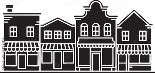 Four black and white buildings with different architectural styles and awnings architecture windows