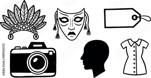 Flat design vintage style hand drawn theatrical mask camera dress head silhouette and price tag vector icons set