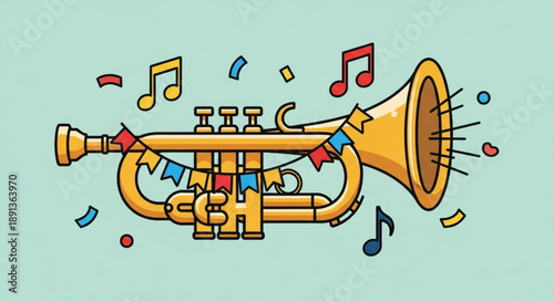 Colorful Trumpet Illustration with Music Notes and Confetti on Light Green Background