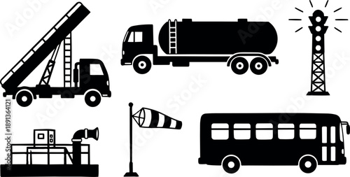 Flat design vector icons of fire truck ladder truck tanker truck windsock bus and signal tower silhouette set