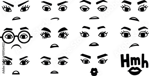 Minimalist vector set of expressive black facial features with diverse eyebrow shapes and lips showing various emotions isolated on white background