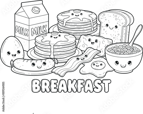 Breakfast food items with smiling faces and transparent background